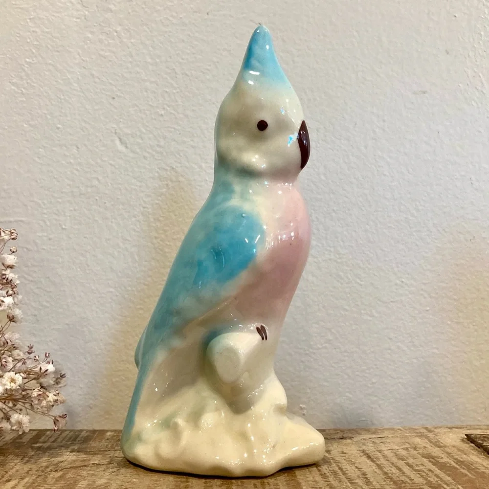 Pair Vintage Parakeet Ceramic Figurines 6” Tall Pinks and Blue